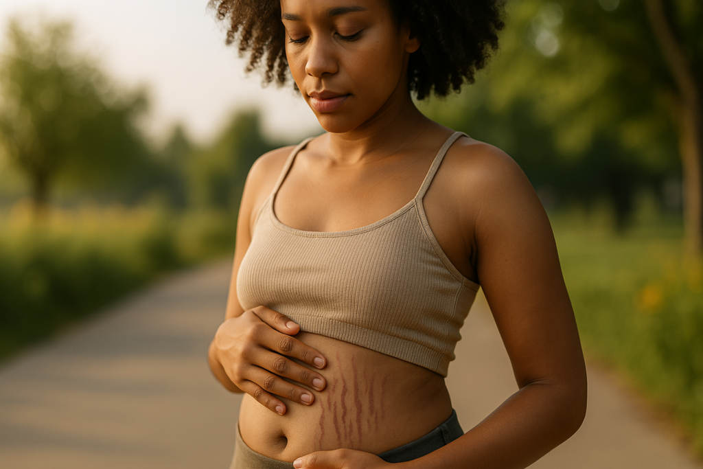 A young African American woman gently touches pronounced stretch marks on her side while standing on a path lined with trees, surrounded by soft morning light. Her calm expression and simple attire evoke a natural, empowering moment tied to EDS skin health and self-care.