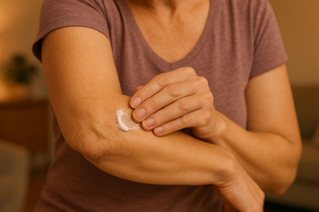 A close-up of a middle-aged woman applying cream to her dry, wrinkled elbow under warm indoor lighting. The soothing scene highlights a natural skincare ritual to improve skin elasticity and reduce the appearance of rough, sagging elbow skin.