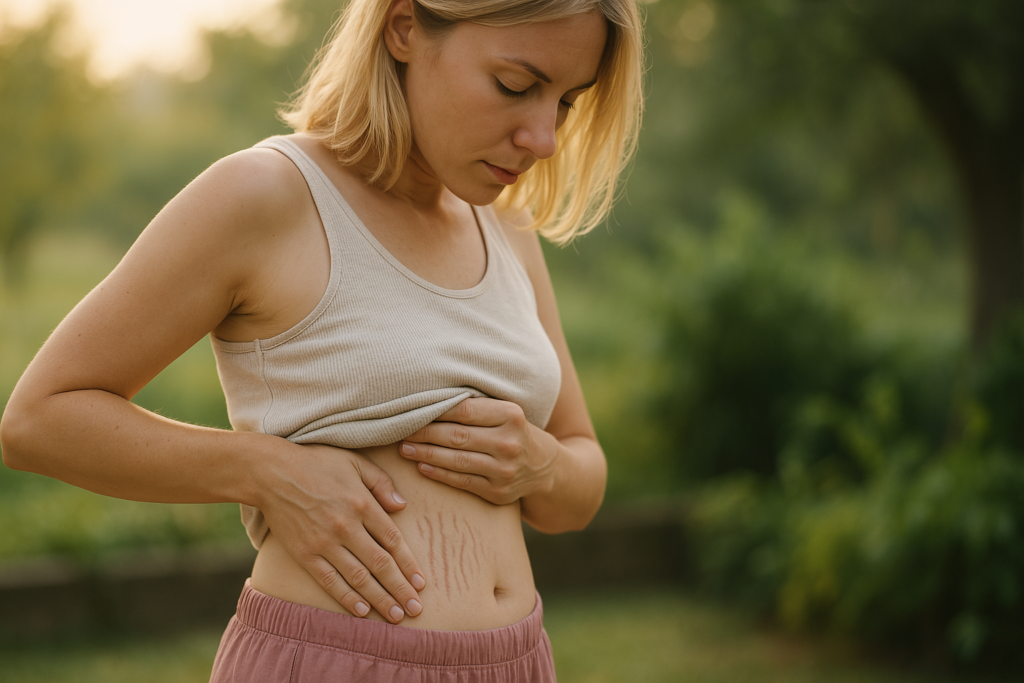 A fair-skinned blonde woman examines stretch marks on her abdomen in a tranquil garden, bathed in warm sunrise lighting. Dressed in a beige tank top and pink shorts, she stands among soft-focus greenery, visually highlighting EDS-related skin changes in a peaceful natural setting.

