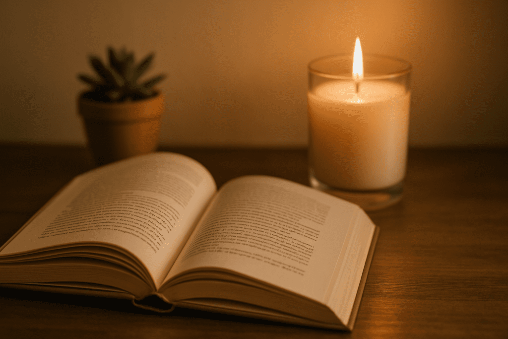 An open hardcover book rests on a wooden surface beside a glowing candle and a small succulent, creating a peaceful, softly lit evening scene.