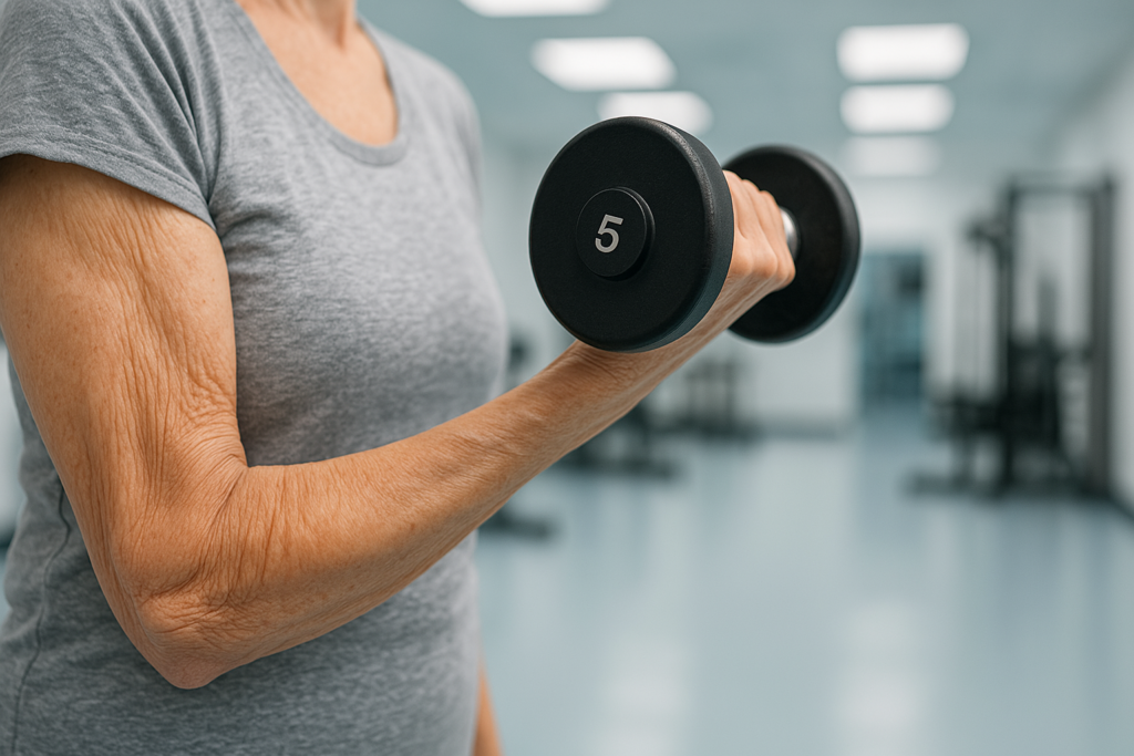 A cropped close-up shows a woman's arm lifting a dumbbell under cool clinical lighting, clearly revealing her wrinkled skin texture and toned muscles in a modern gym. This visual emphasizes how strength training can help reduce the appearance of crepey skin and support improved arm definition.
