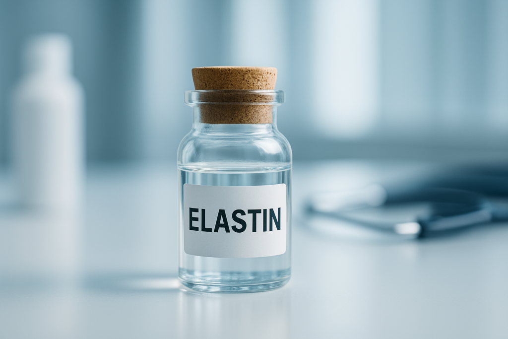 A clear glass bottle labeled "ELASTIN" sits on a clinical white countertop under cool, diffused lighting, surrounded by blurred medical tools and sterile surfaces. This medical-themed image visually supports the importance of elastin in healthcare and its connection to skin elasticity and anti-aging treatment.
