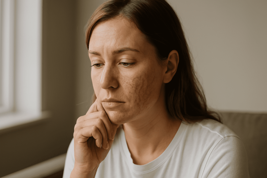 A close-up portrait of a woman with acne scarring on her right cheek, resting her hand on her chin as she looks downward in thought. Natural window light highlights the skin’s texture and creates a serene, contemplative mood.