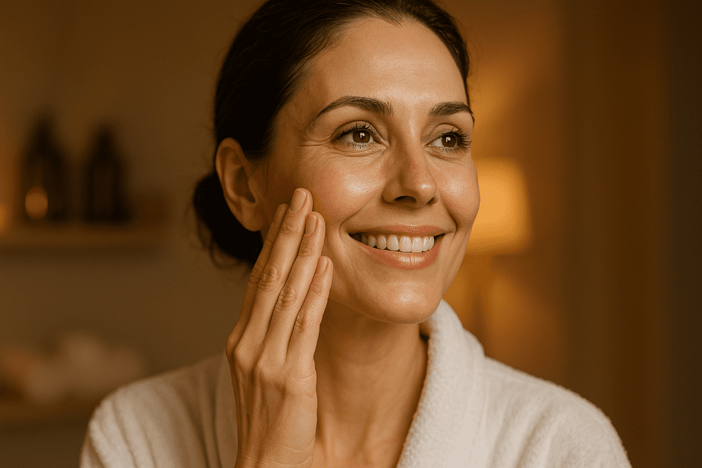 A smiling woman in her 30s touches her glowing cheek while standing in a warmly lit modern bathroom, surrounded by soft ambient light and amber-hued skincare bottles. The clean setting and radiant skin emphasize the role of elastin in maintaining youthful skin and promoting anti-aging benefits.