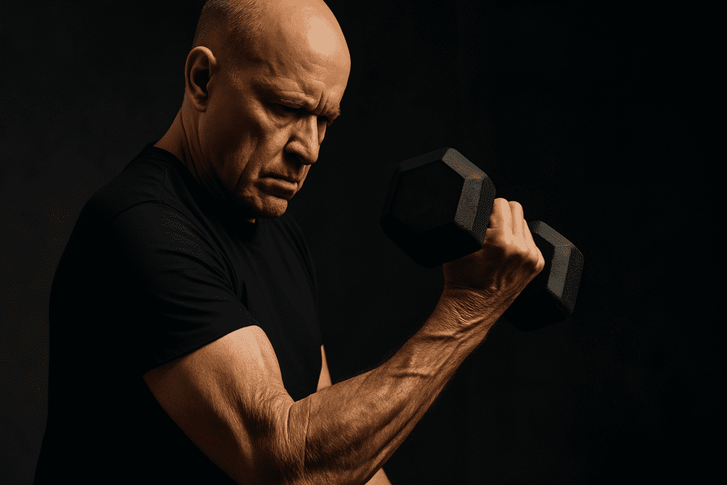 A fit older man with a serious expression lifts a heavy dumbbell in a dark room lit by moody, directional lighting that accentuates the definition and veins in his arm. This powerful image symbolizes how strength training can enhance muscle tone and help reduce signs of crepey skin as part of a healthy aging routine.