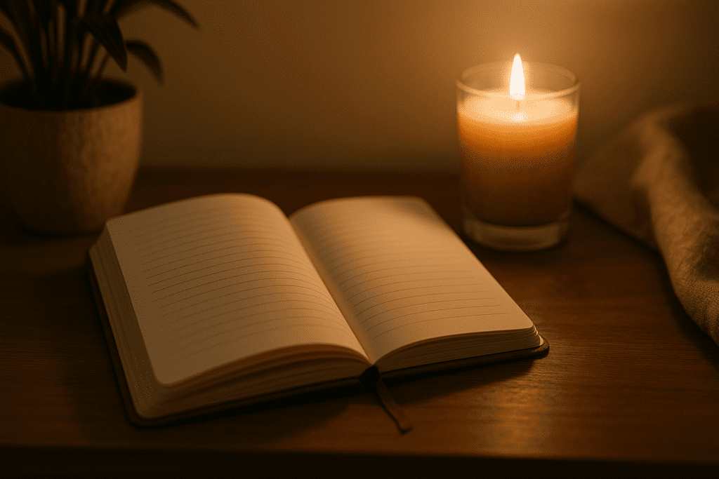 An open lined notebook rests on a wooden table beside a glowing candle, creating a peaceful and introspective nighttime mood.