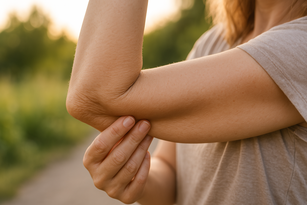 A woman gently pinches the loose skin around her elbow, emphasizing fine lines and reduced firmness. Photographed at golden hour in a calm, natural outdoor setting, the image reflects common causes of elbow skin laxity and age-related collagen decline.