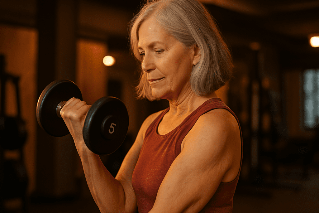 A middle-aged woman lifts a five-pound dumbbell in a warmly lit gym, her defined arm muscles and naturally textured skin emphasized by ambient lighting. This scene highlights how consistent weightlifting can visibly improve arm firmness and combat crepey skin through strength training.