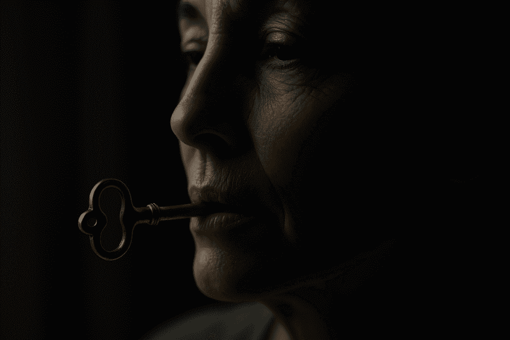 A dramatic close-up of a mature woman's face in moody lighting shows a golden antique key gently held between her lips, highlighting the textured skin and fine lines. This symbolic image evokes the theme of unlocking youthful skin and the deeper role elastin plays in anti-aging treatments.