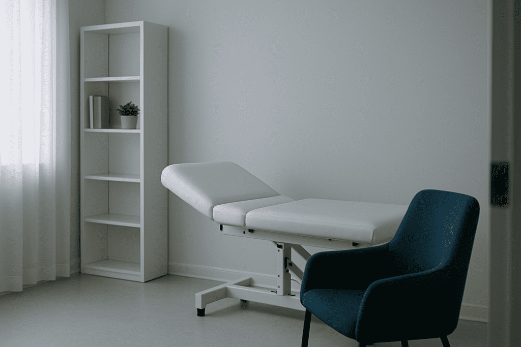 A simple, clean treatment room with a white therapy bed and a blue chair, bathed in soft natural light from a window with sheer curtains.