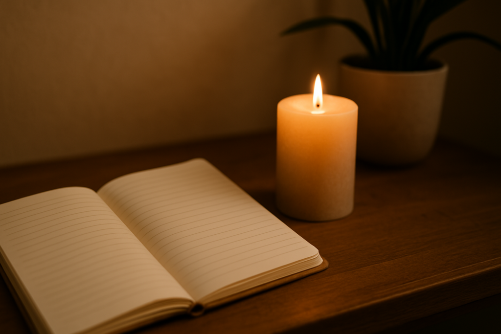 A softly lit notebook and flickering candle sit beside a small plant on a wooden surface, evoking calm in a cozy indoor setting.