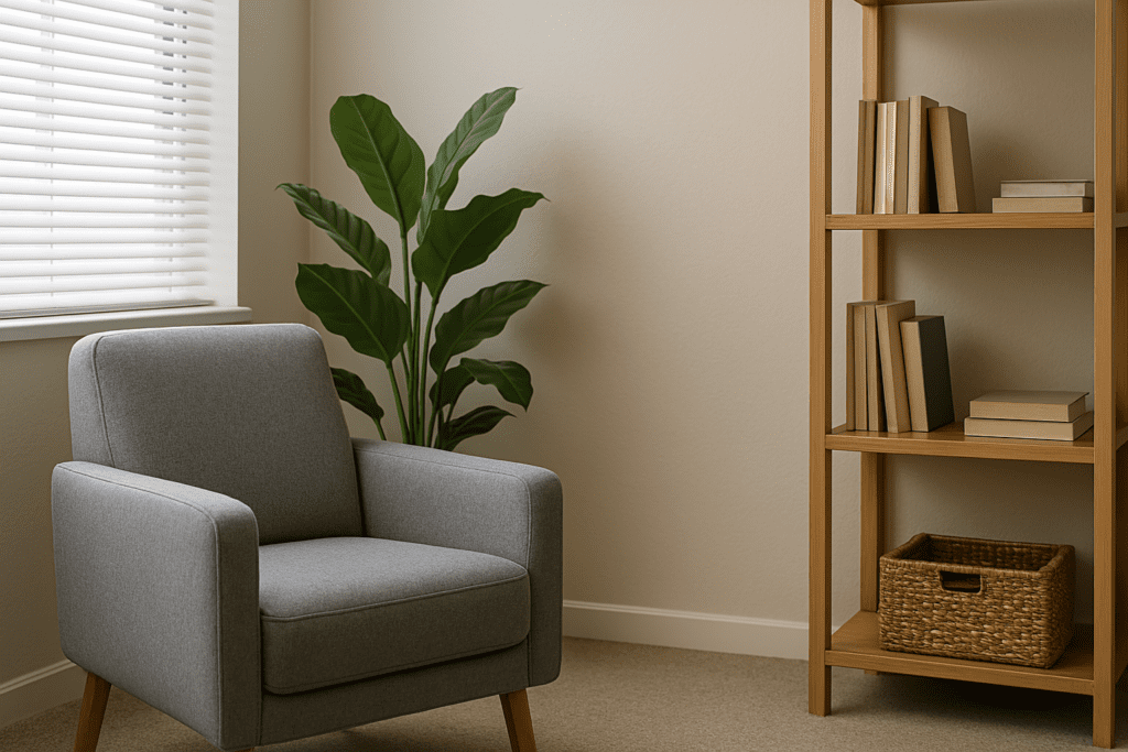 A clean, modern therapy room featuring a gray armchair, a leafy green plant in a white pot, and a light wood bookshelf with neutral decor, bathed in natural daylight.