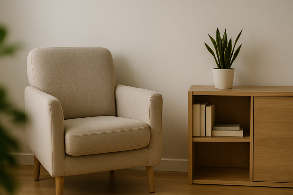 A beige armchair sits beside a wooden bookshelf holding a potted snake plant and several closed books, all in a clean, sunlit room with neutral walls.