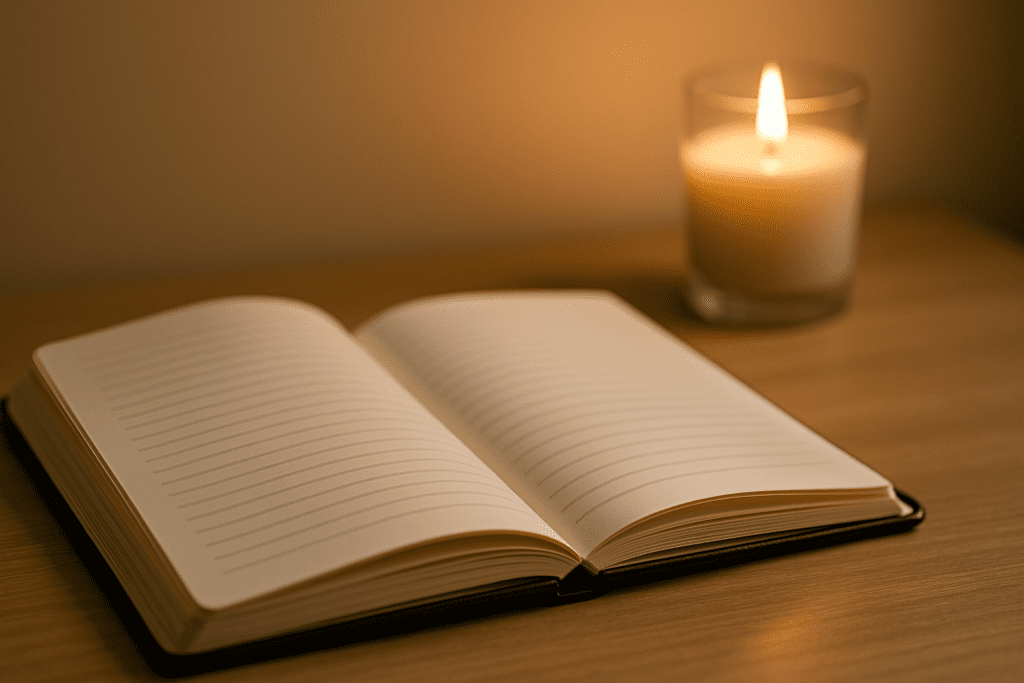 A black hardcover journal lies open on a smooth wooden surface beside a softly glowing candle, creating a peaceful, warm-lit space for reflection or writing.