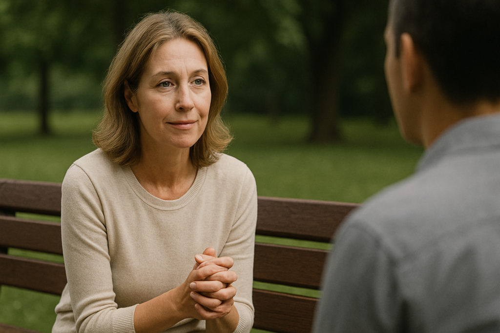 A woman sits calmly on a wooden bench in a green park, hands clasped and engaged in conversation, her light brown hair softly lit in the natural outdoor setting.