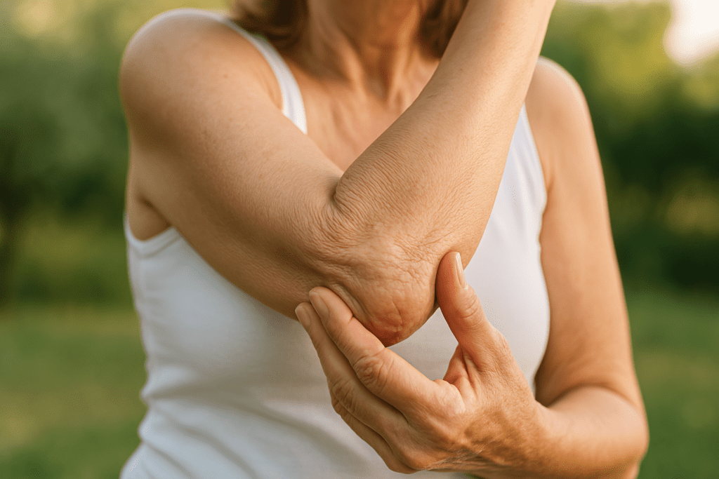 A detailed view of a woman’s elbow with pronounced wrinkles and mild redness is shown as she touches the area in an outdoor environment. The image, lit by soft daylight, draws attention to skin texture changes and the need for hydration and elasticity support.