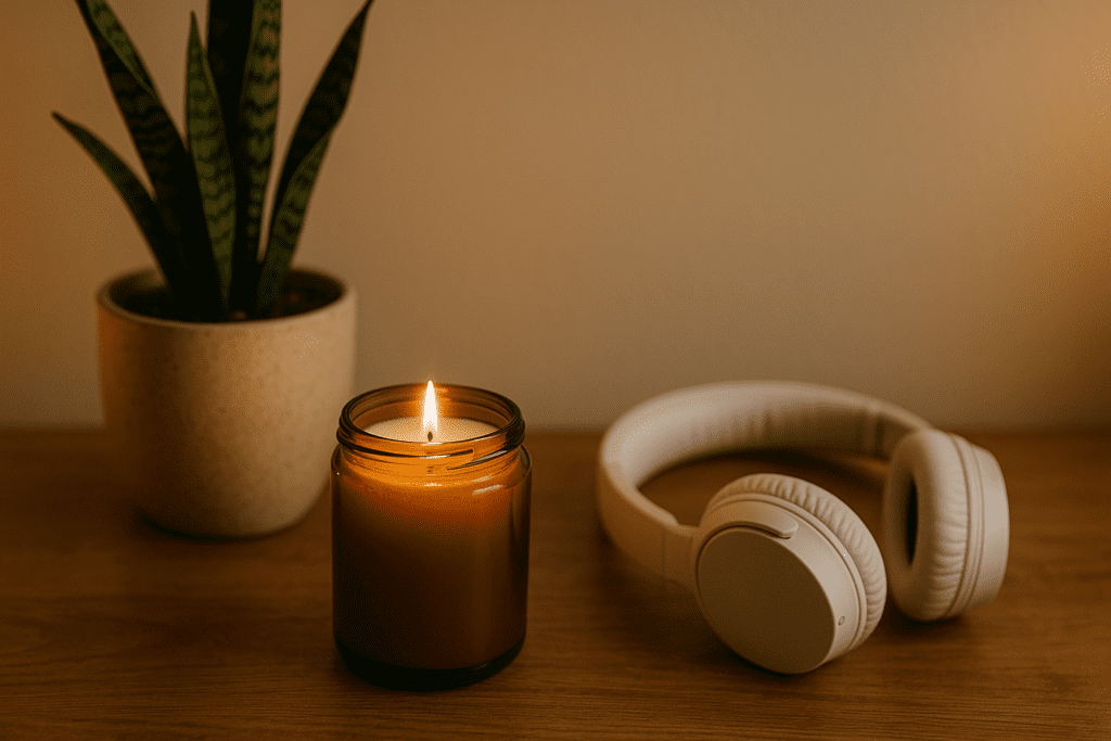 A lit amber glass jar candle sits next to a potted snake plant and a pair of white over-ear headphones on a wooden table. The warm ambient glow evokes a calming, therapeutic environment for self-reflection or at-home skincare rituals.