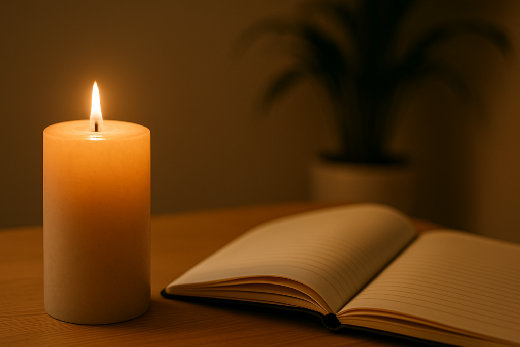 A lit pillar candle next to an open journal on a wooden table, with soft ambient lighting and a blurred potted plant in the background.