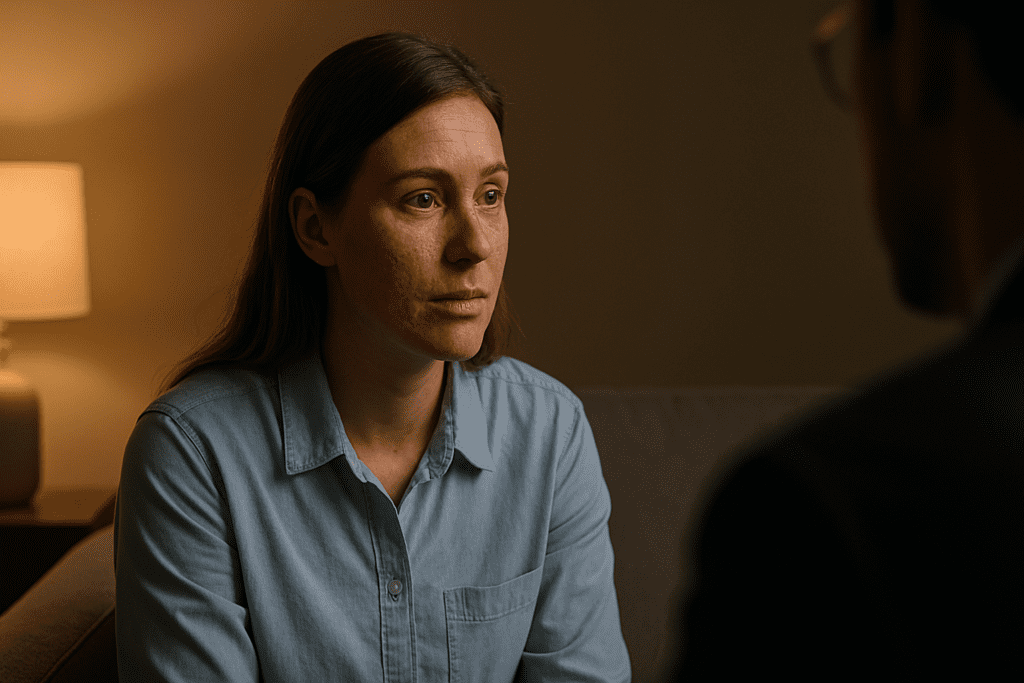 A young woman with visible acne scars sits on a couch in a warmly lit room at night, attentively listening to another person during a therapy session. The soft lighting and minimalist space emphasize emotional vulnerability and support.