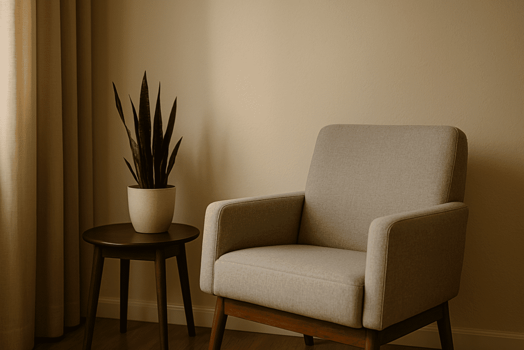 A mid-century modern chair and potted snake plant sit quietly in a sunlit therapy room, with soft beige curtains and clean design.