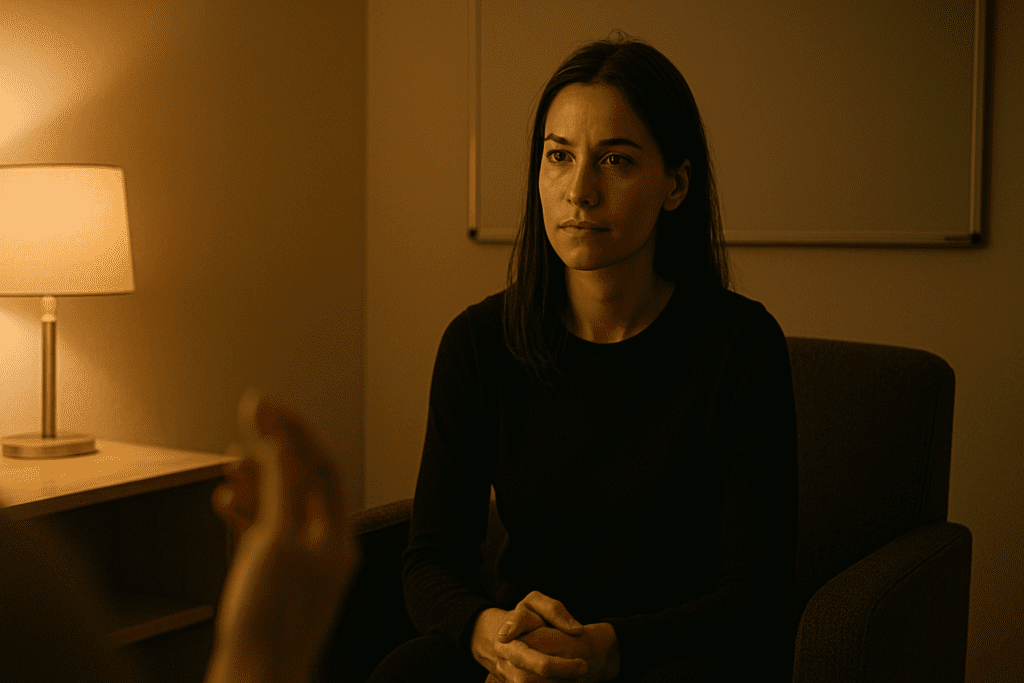 A woman in a dark sweater sits attentively during a private therapy session in a dimly lit office, hands clasped in quiet focus.