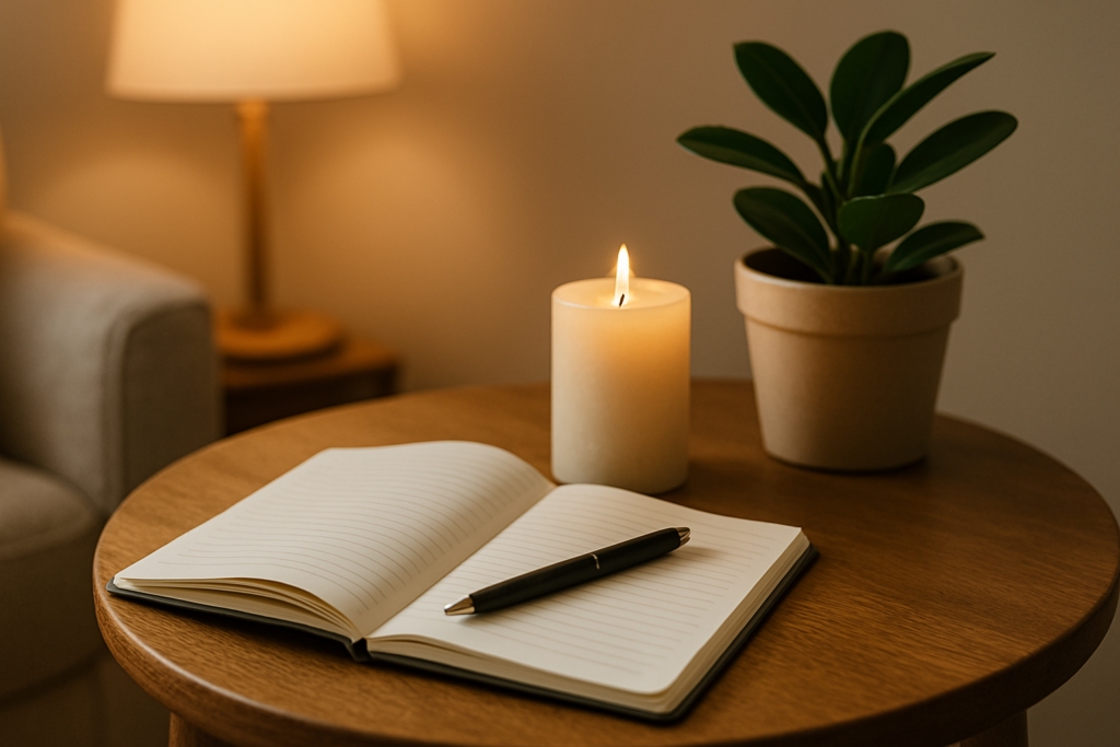An open notebook with a pen rests on a wooden table beside a lit candle and a small green plant, softly illuminated by warm ambient light from a nearby lamp.