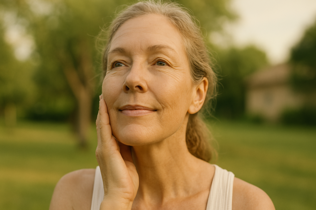 A middle-aged woman stands outdoors in soft natural morning light, gently touching her cheek with a relaxed smile as her smooth skin glows. The serene garden setting and golden hue emphasize the benefits of elastin protein supplements for maintaining skin firmness and reducing signs of aging.