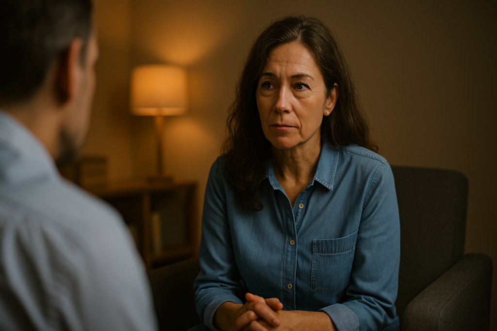 A middle-aged woman with wavy brown hair and a solemn expression listens intently during a therapy session, seated in a softly lit room with warm ambient lighting.