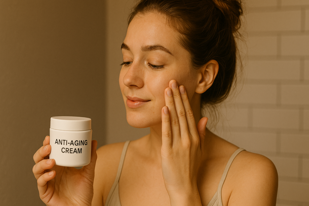 A young woman applies anti-aging cream to her cheek in a softly lit bathroom, holding a clearly labeled jar in one hand. The calm, focused setting symbolizes daily skincare rituals supported by elastin protein for improving long-term skin resilience.