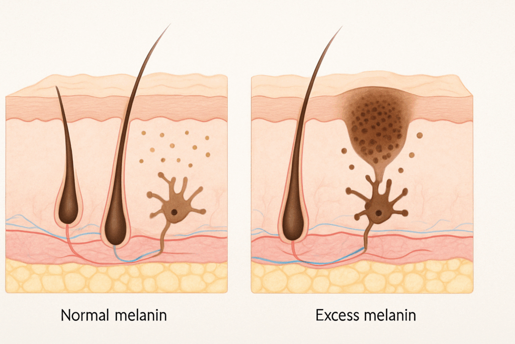 Medical illustration of skin layers showing melanocytes and excess melanin buildup, explaining how the best dark spot corrector targets pigment imbalance.