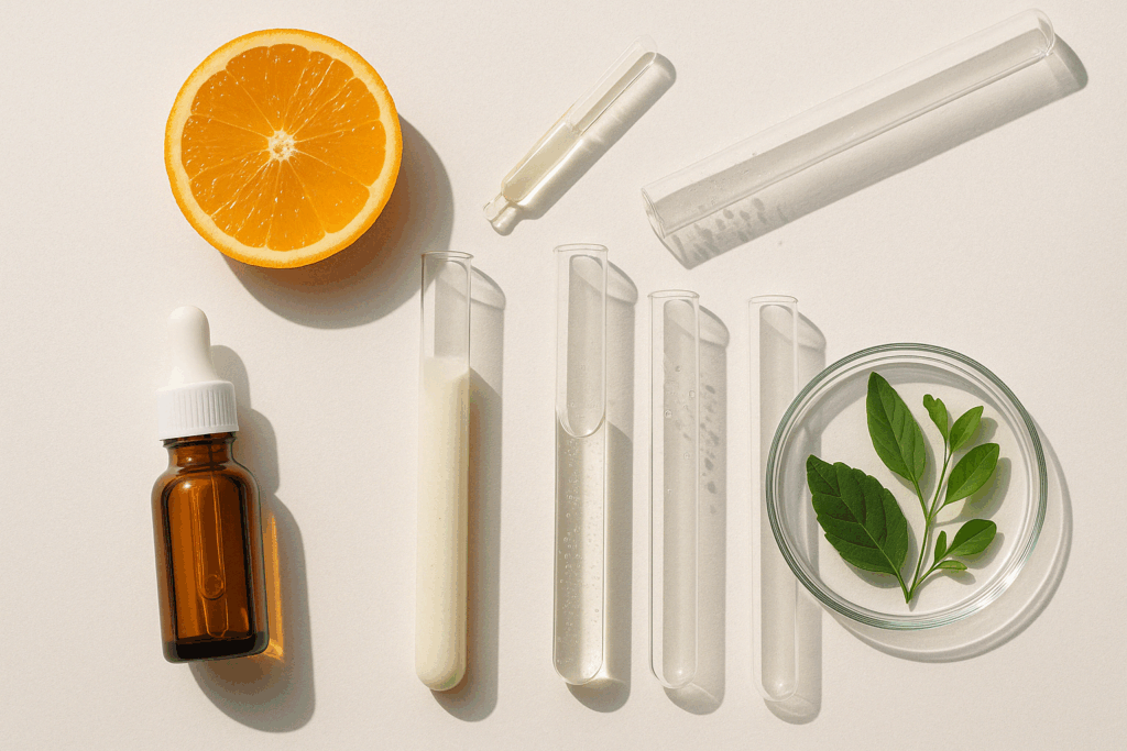 Flat-lay of natural ingredients used in the best dark spot corrector, including vitamin C, niacinamide, alpha arbutin, and botanical extracts in test tubes and a serum dropper.
