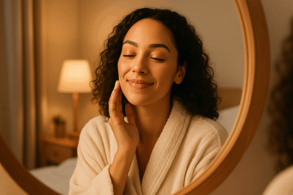 Woman with glowing, even-toned skin smiles confidently at her reflection in a warmly lit room, illustrating the emotional impact of using the best dark spot corrector.