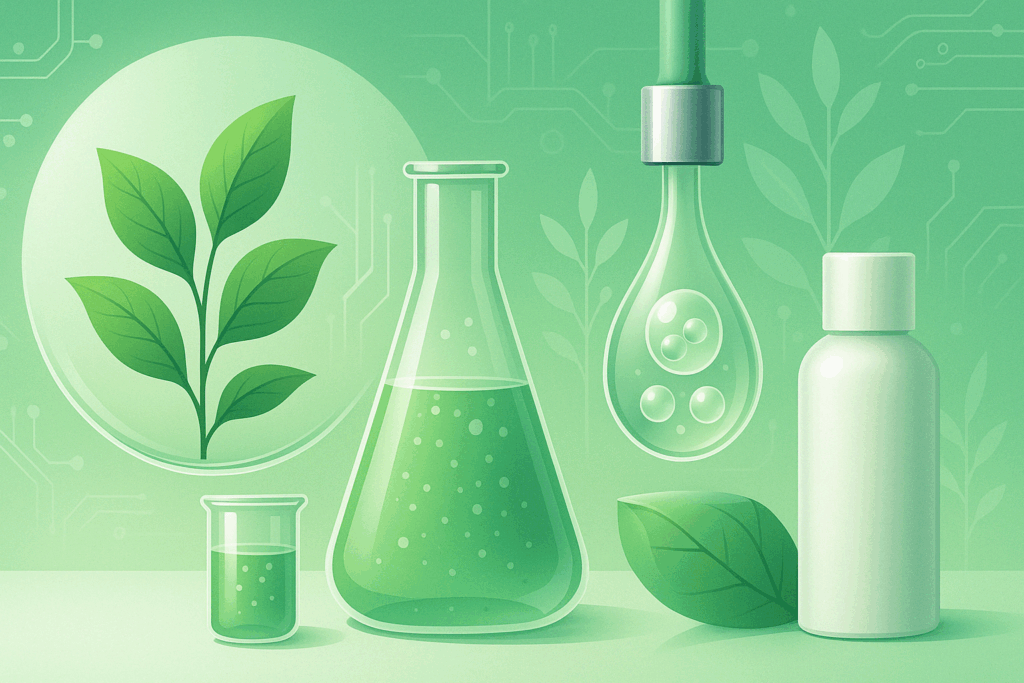 Futuristic skincare lab with plant-based ingredients, encapsulated serums, and sustainable packaging representing innovations in the best dark spot corrector.