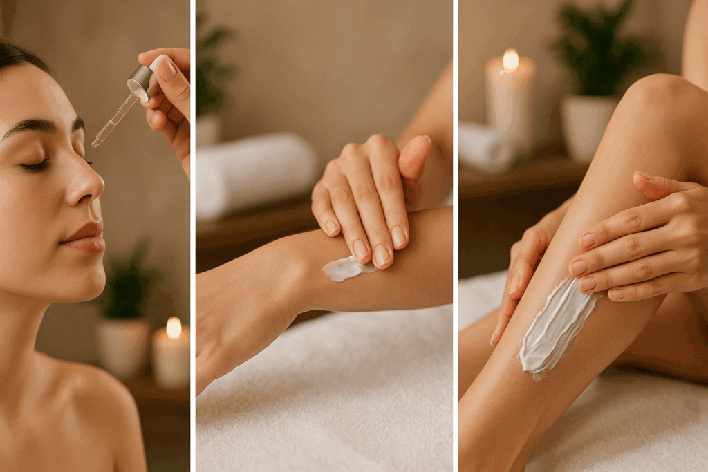 Spa setting showing lightweight serum applied to face and rich cream on legs, illustrating how the best dark spot corrector varies by skin area