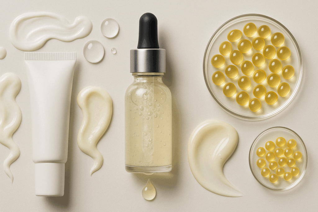 Comparison of the strongest OTC retinol products in cream tube, serum dropper, and capsule forms with visible textures and delivery system styles.