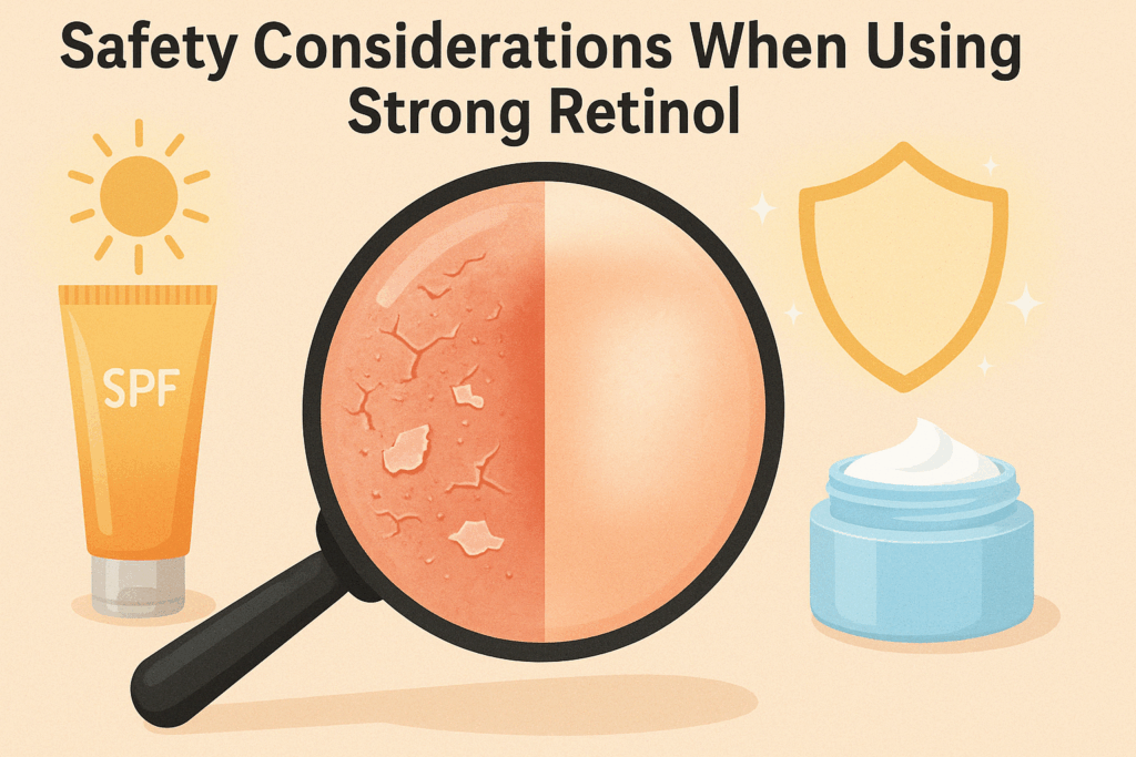 Close-up split view of irritated versus healthy skin under a magnifying glass, illustrating effects of strongest OTC retinol with dryness on one side and moisturized skin, SPF, and cream jar on the other.