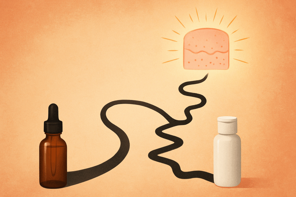 Abstract visual comparison of the strongest OTC retinol and prescription retinoids, showing two bottles with diverging paths toward glowing skin.