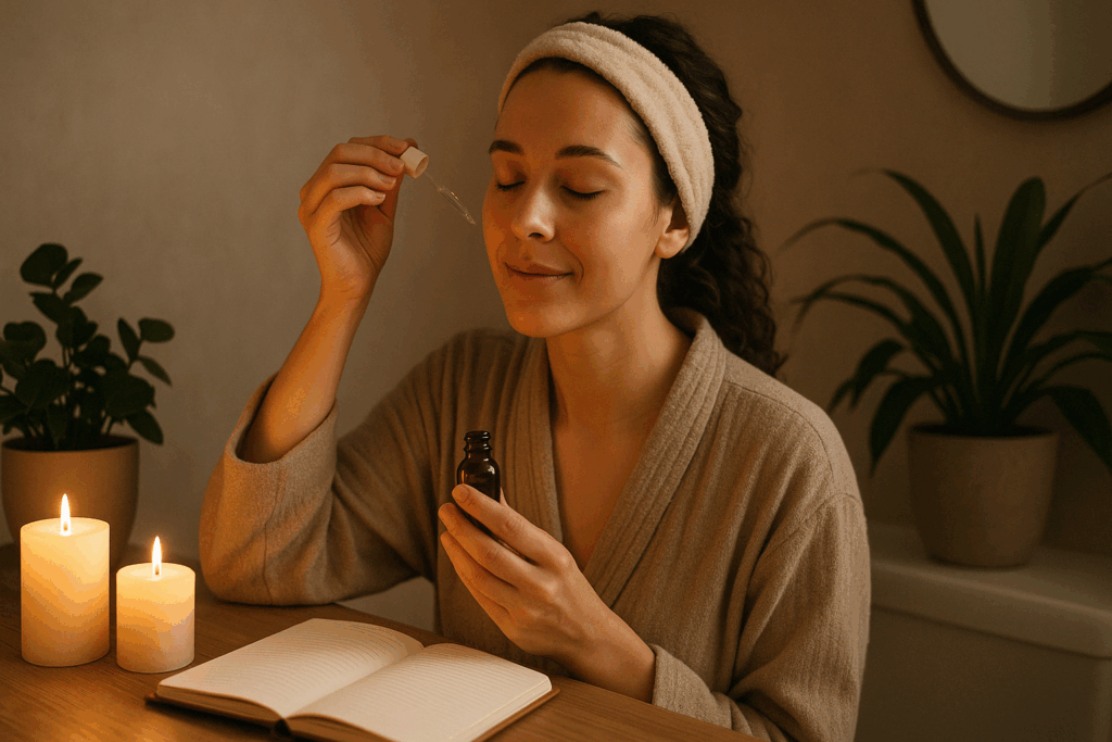 Woman applying strongest OTC retinol in a peaceful self-care setting with candles, plants, and a journal nearby.