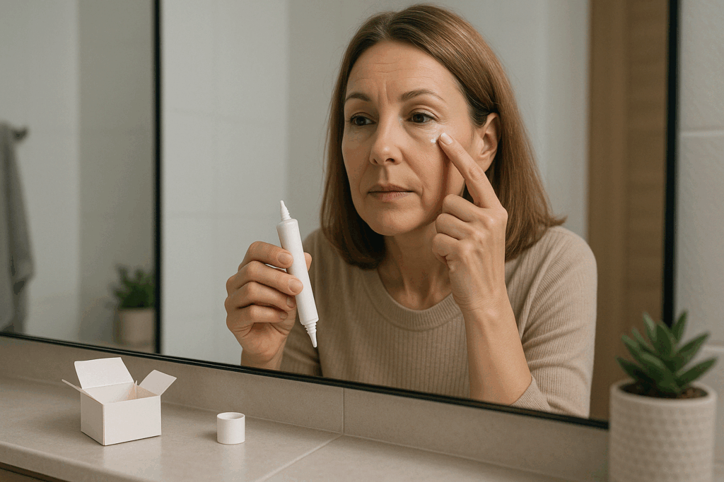 Middle-aged woman applying the best over the counter wrinkle filler in front of a mirror as part of her daily skincare routine in a modern bathroom.