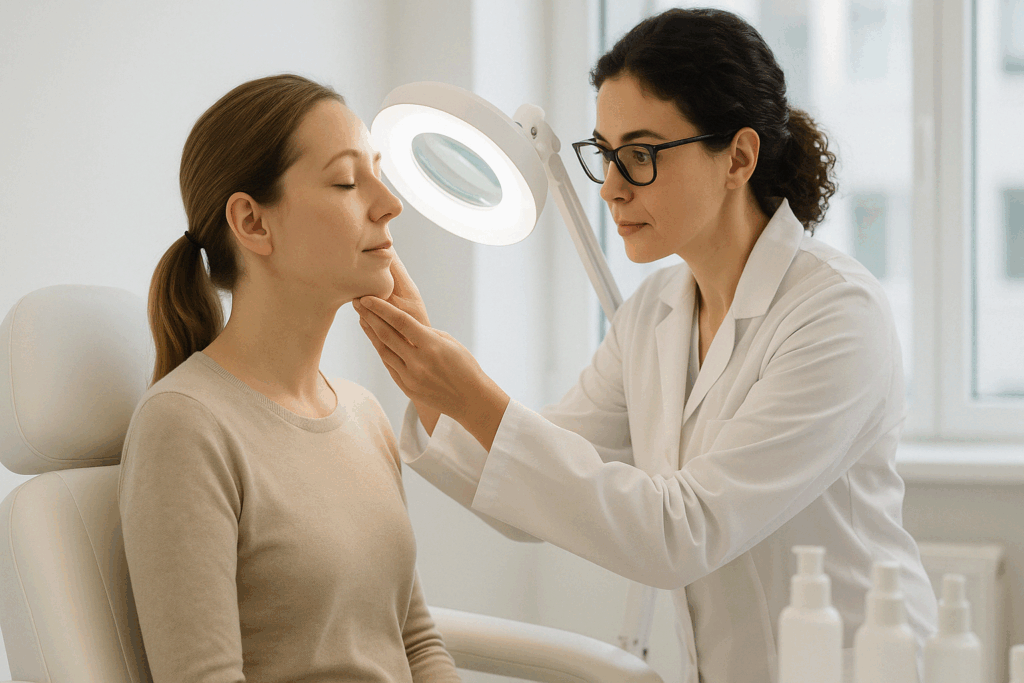 Dermatologist examining a patient’s face under a magnifying lamp in a clinical office, evaluating the best over the counter wrinkle filler.