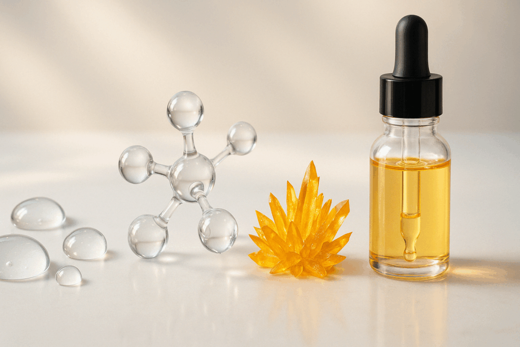 Scientific display of ingredients found in the best over the counter wrinkle filler, including hyaluronic acid droplets, peptide molecules, retinol crystals, and vitamin C serum on a reflective surface