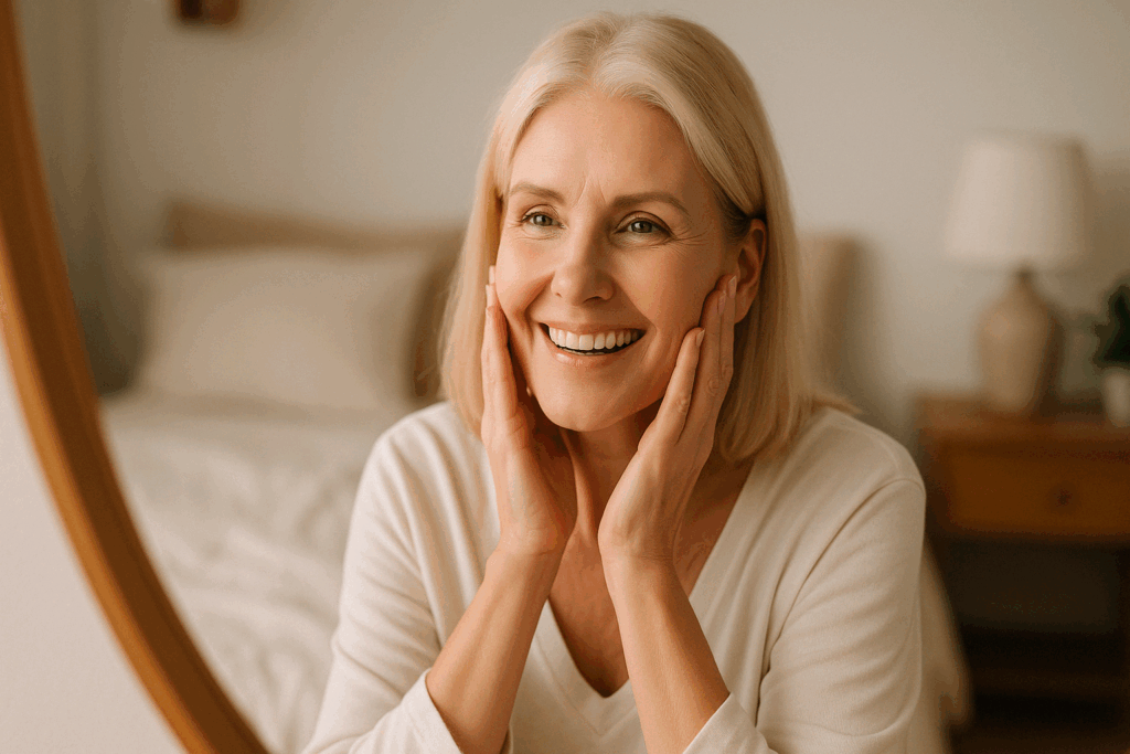 Joyful middle-aged woman with smooth skin smiling in the mirror at home, representing results from the best over the counter wrinkle filler.