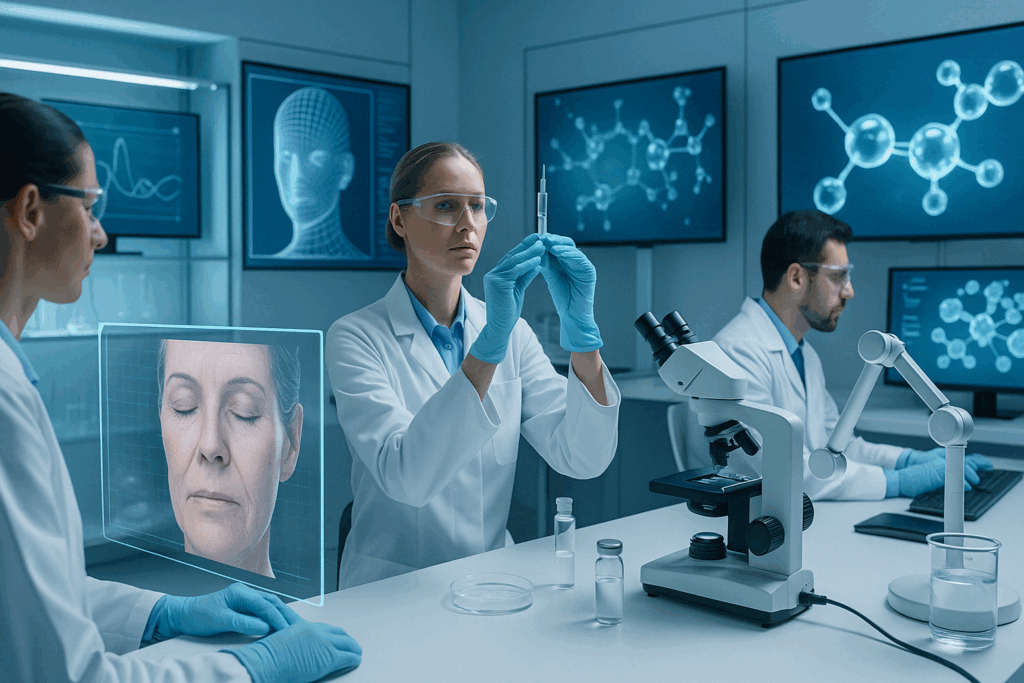 Scientists in a high-tech skincare lab analyzing advanced formulations for the best over the counter wrinkle filler using digital skin scans and molecular modeling