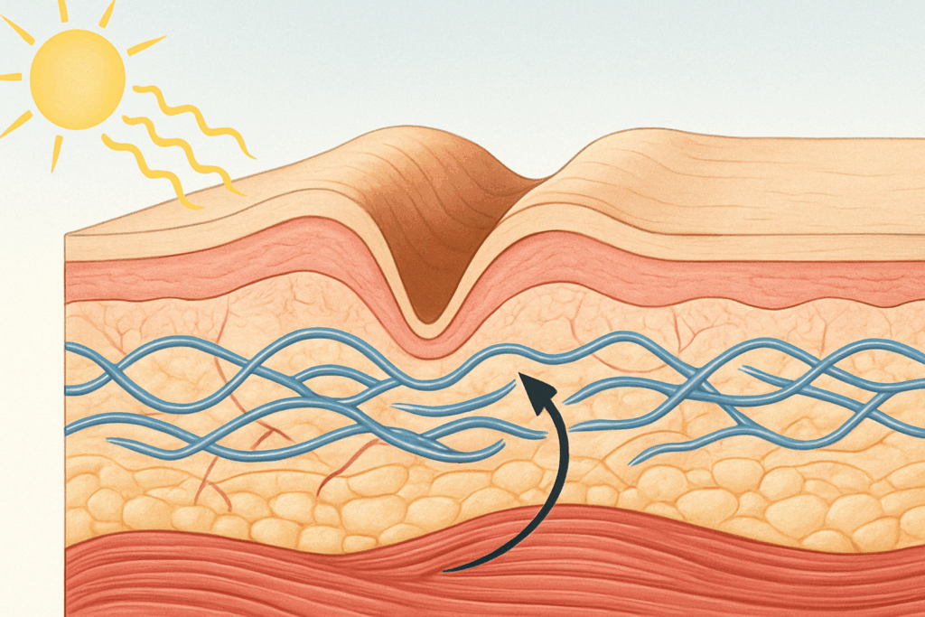 Cross-sectional medical illustration showing how forehead wrinkles form over time, highlighting collagen breakdown, sun damage, and muscle movement—ideal for understanding the best skincare for forehead wrinkles.