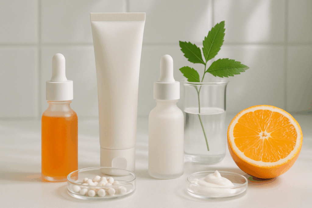 Dermatologist-approved products including retinol serum, peptides, vitamin C, and hyaluronic acid on a minimal vanity, representing the best skincare for forehead wrinkles