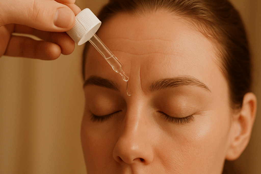 Hand applying serum with dropper to a woman’s forehead lines, illustrating best skincare for forehead wrinkles