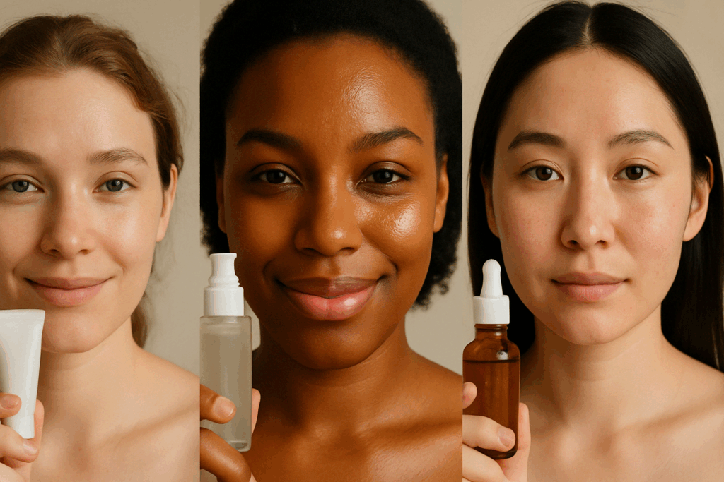 Three diverse women with different skin types—dry, oily, and sensitive—holding skincare products in natural light, highlighting forehead texture and radiance, representing the best skincare for forehead wrinkles.