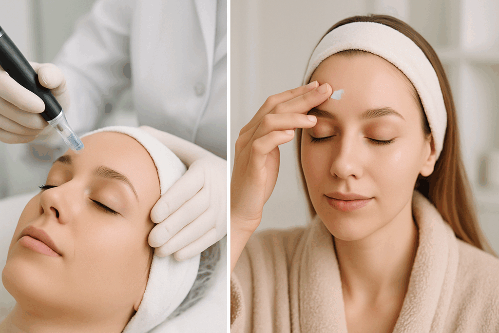 Split image showing microneedling treatment and at-home cream application as part of the best skincare for forehead wrinkles.