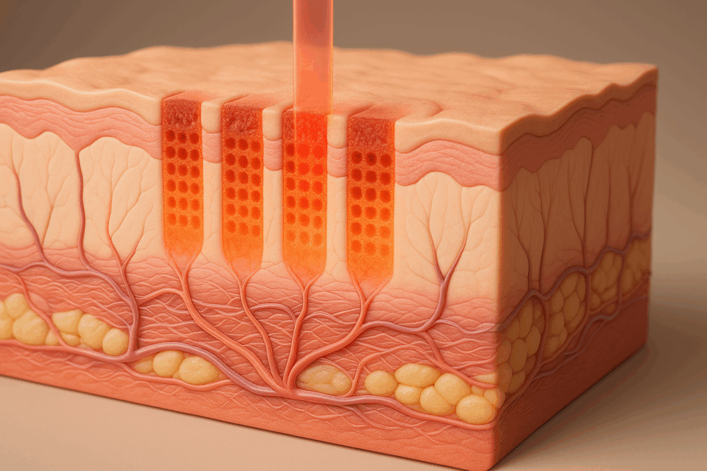 3D cross-sectional illustration showing skin layers treated with collagen laser and fractional facial treatments, highlighting healing zones and collagen stimulation