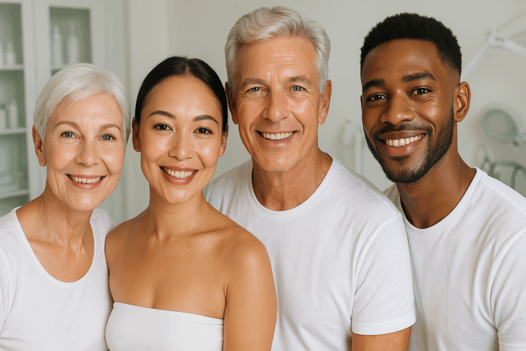 Diverse group of individuals with glowing, youthful skin after collagen laser and fractional facial treatments in a clinical setting